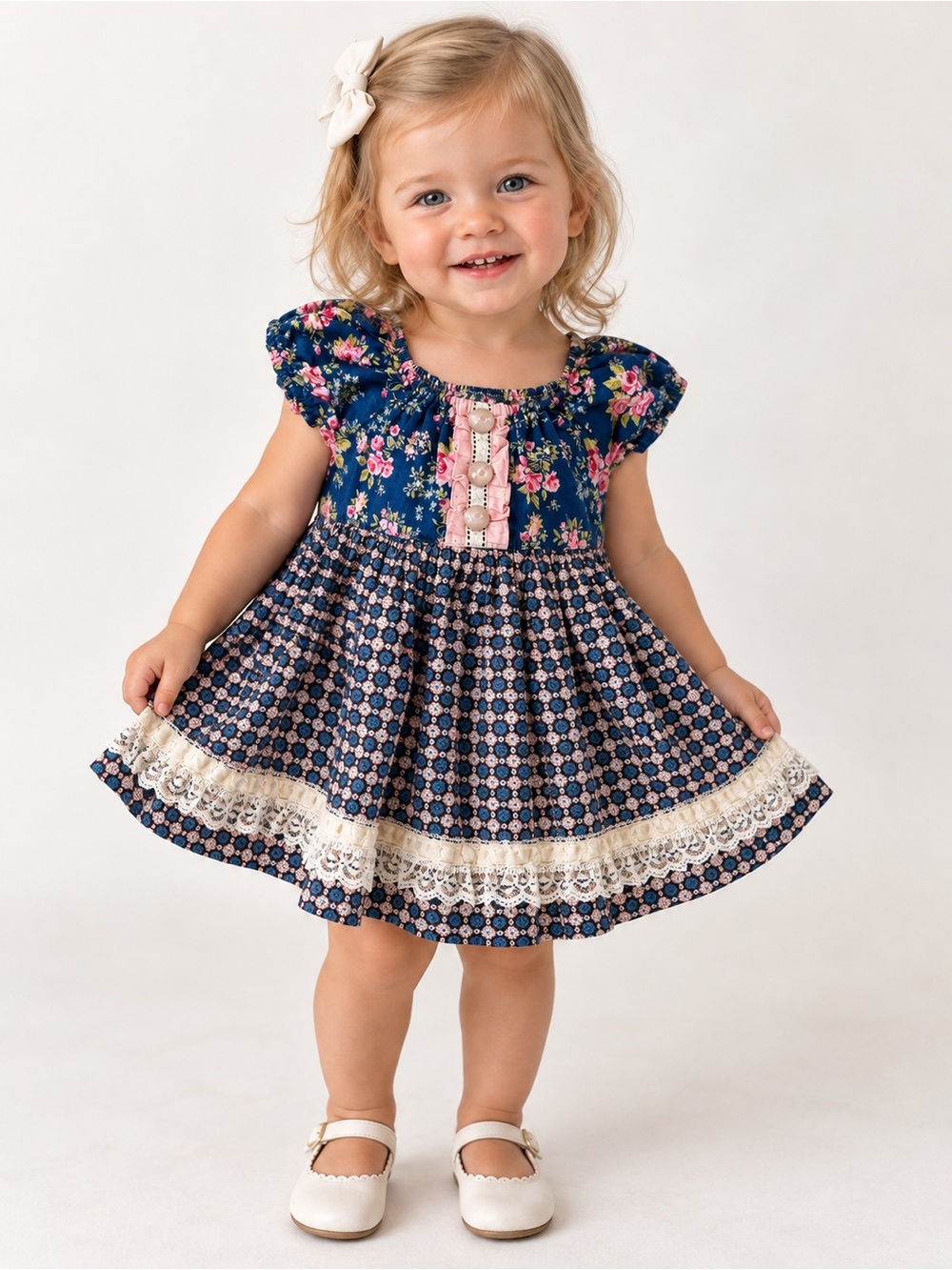 Matilda Jane Navy Floral Lace-Trim Toddler Dress Size 18 months EUC